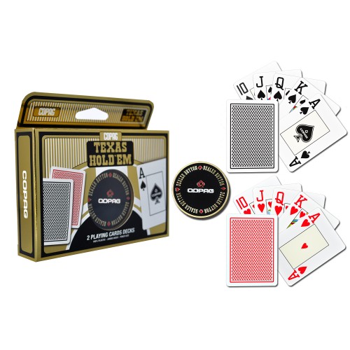Carti de joc poker, Texas Hold'em, profesionale, 100% plastic, index mare, 2 pachete, rosu si negru, jeton metalic dealer Carti de joc poker, Texas Hold'em, profesionale, 100% plastic, index mare, 2 pachete, rosu si negru, jeton metalic dealer